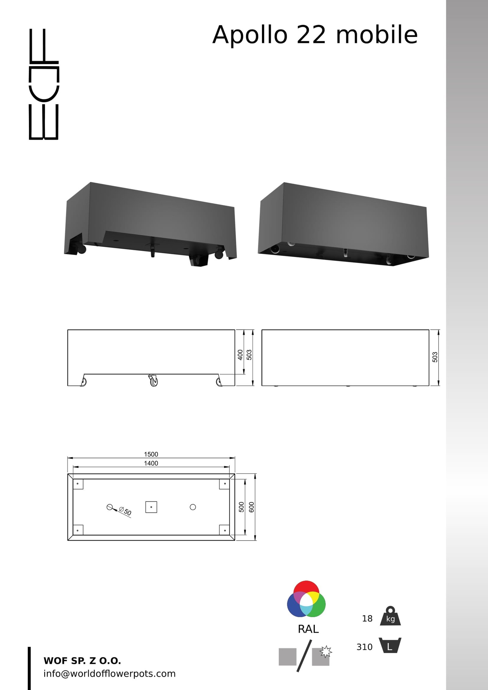 Apollo 22 Mobile aluminiowa podłużna donica na kółkach