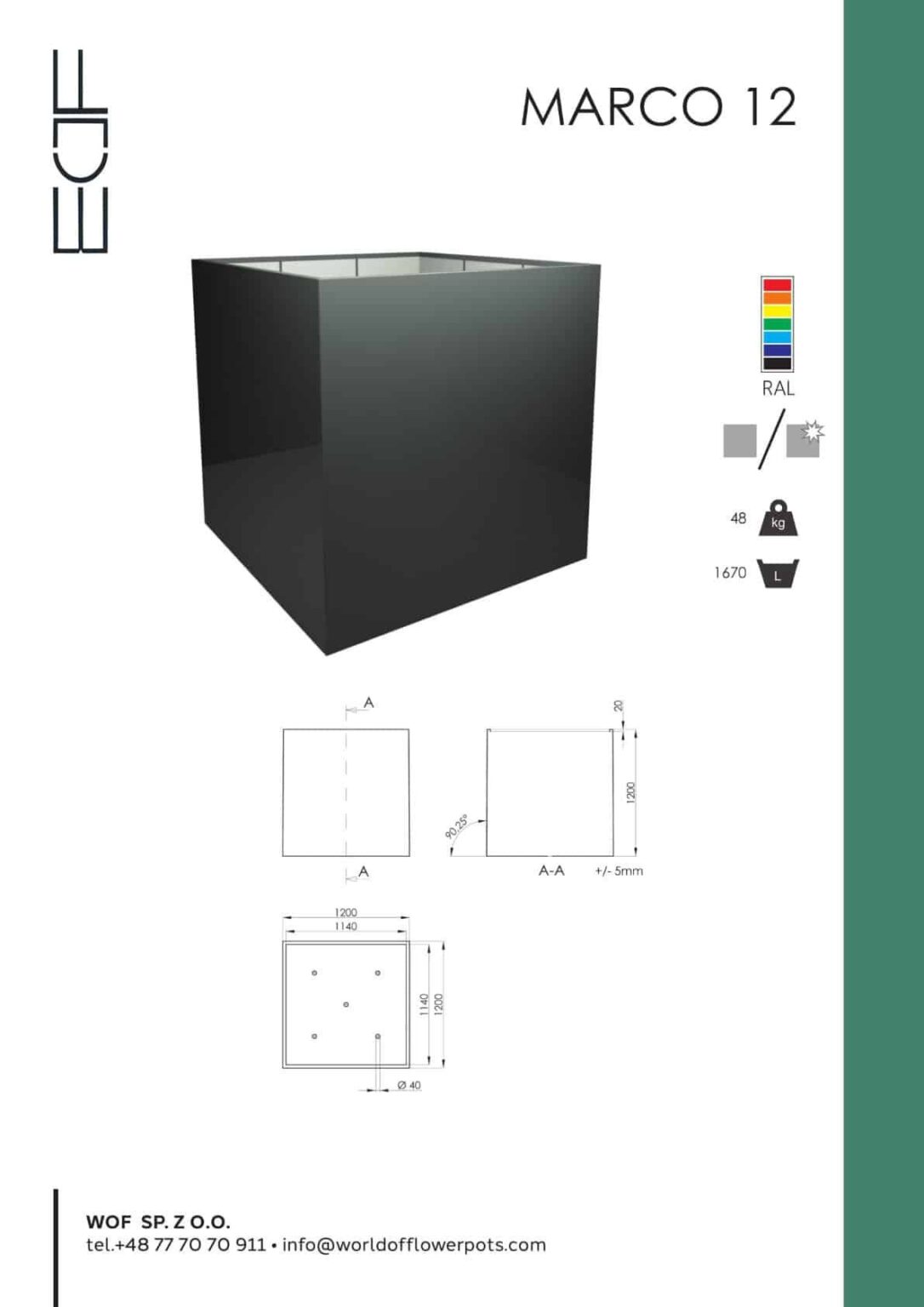 Czarna, kwadratowa donica ogrodowa Marco 12 przedstawiona w 3D oraz rysunki techniczne z wymiarami. Dostępne są opcje kolorystyczne, dane kontaktowe, logo WOF SP. Z O.O. oraz zielony pionowy pasek na prawej krawędzi.