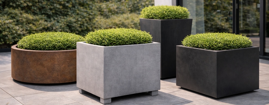 Cztery duże krzewy doniczkowe stoją na nowoczesnym patio. Donice mają różne kształty - dwie kwadratowe, dwie okrągłe - i kolory: szary, rdzawobrązowy i czarny. Zielone krzewy są starannie przycięte, a tło przedstawia rozmytą zieleń i szklane ściany.