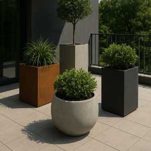 owoczesny taras z czterema dużymi donicami w różnych kształtach i kolorach, w których rosną ozdobne rośliny, w tym małe drzewko i kępkowe trawy; w tle balustrada i zieleń drzew pod jasnym niebem.