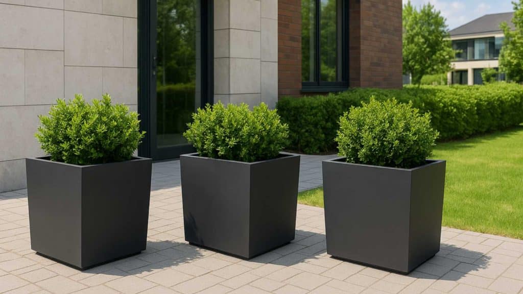 Trzy duże, nowoczesne donice w geometrycznych kształtach ustawione przed budynkiem, wypełnione zielonymi krzewami o wysokości około 20 cm, w słoneczny dzień, na tle eleganckiego tarasu i zielonego trawnika.