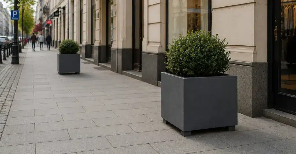 Kwadratowe donice z betonu architektonicznego z zielonymi krzewami na miejskim deptaku
