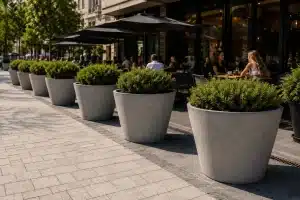Okrągłe donice betonowe z zielonymi krzewami wygradzające ogródek gastronomiczny