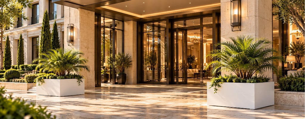 Dwie duże białe donice z małymi palmami ustawione po bokach eleganckiego wejścia do hotelu.