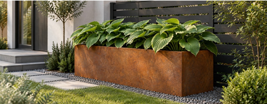 Prostokątna donica corten 150 × 50 × 60 cm z zielonymi hostami przy ogrodzeniu