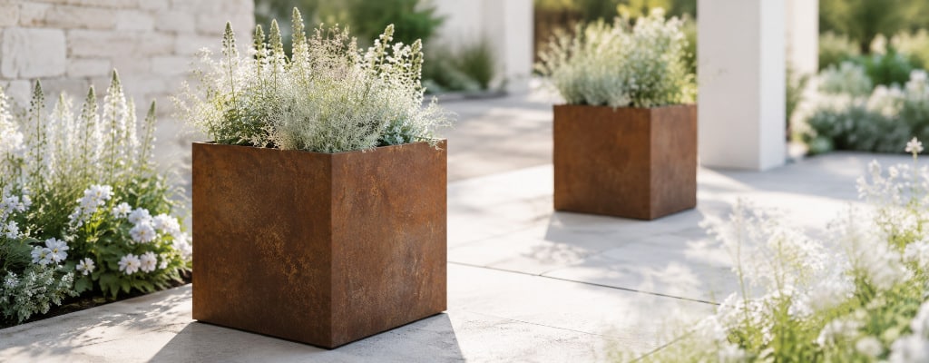 Modele z blachy corten z jasnymi bylinami