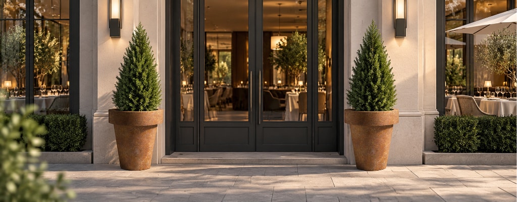 Dwie donice corten z tujami przed eleganckim wejściem do restauracji