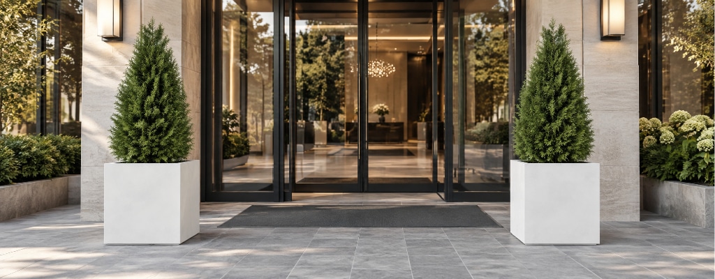 Dwie białe donice z włókna szklanego typu Stone z tujami ustawione przed wejściem do hotelu