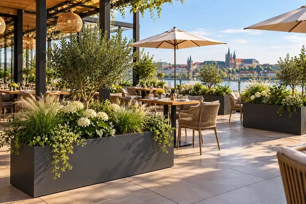  Donice prostokątne na taras w nowoczesnej aranżacji restauracyjnej z zielenią i kwiatami