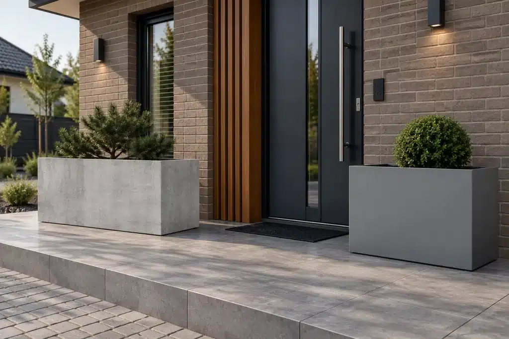 Duża donica betonowa i aluminiowa przed wejściem do domu