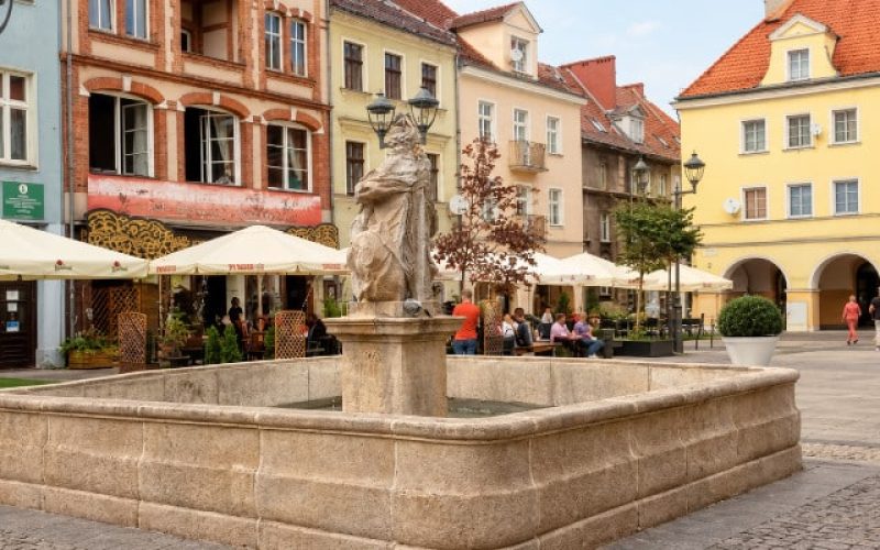 Dwie białe donice Luciano z cisem pospolitym ustawione przy fontannie na zabytkowym rynku