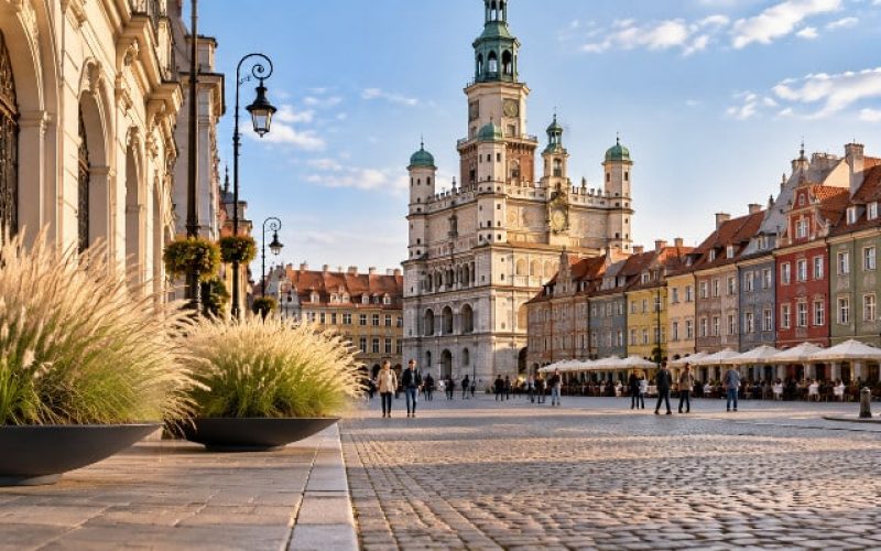 Dwie czarne donice Agnese z trawą ozdobną ustawione przy krawędzi zabytkowego placu w Poznaniu, na tle historycznej zabudowy.