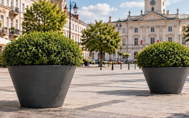 Czarne donice z bukszpanem w centrum Radomia Dwie duże czarne donice z niewielkimi, formowanymi bukszpanami na miejskim placu w Radomiu.