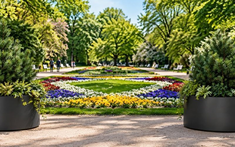 Czarne donice z iglakami w parkowej aranżacji Dwie czarne, okrągłe donice z iglakami ustawione przy ozdobnym kwietniku w zielonym parku.